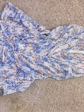 White Blue Orange Floral Tiered Ruffle Mini Dress Cottagecore S